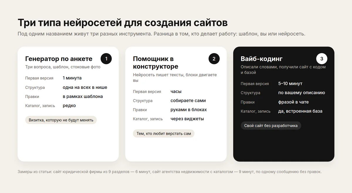Три типа нейросетей для создания сайтов: генератор по анкете, помощник в конструкторе, вайб-кодинг