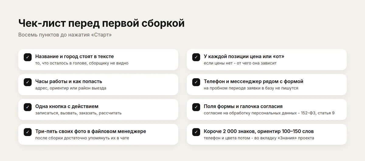 Карточка: чек-лист из восьми пунктов перед первой сборкой - город, цены, часы, телефон, кнопка, форма, фото, длина
