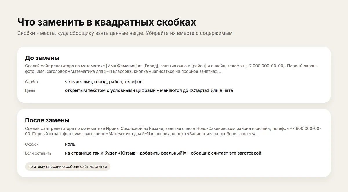 Карточка: что заменить в квадратных скобках - имя, город, адрес, телефон; скобки убирать вместе с содержимым