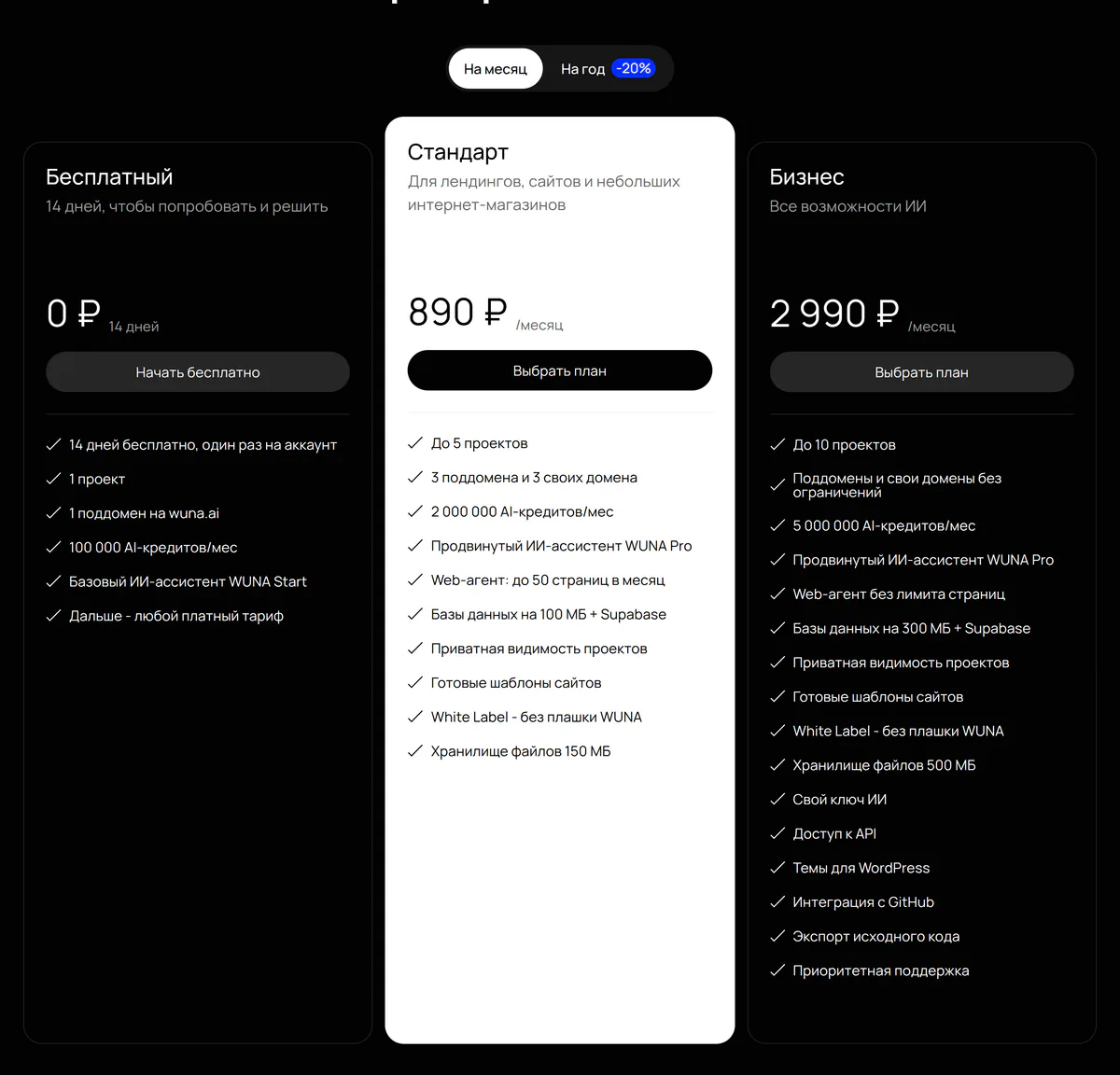 Тарифы Wuna в рублях: пробный период, «Стандарт» за 890 рублей и «Бизнес» за 2 990 рублей в месяц